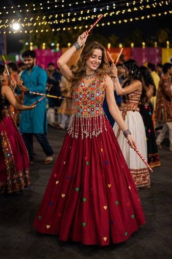 Maroon Cotton Navratri Readymade Lehenga Choli with Thread Embroidery Work