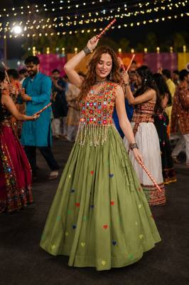 Green Cotton Navratri Readymade Lehenga Choli with Thread Embroidery Work 1