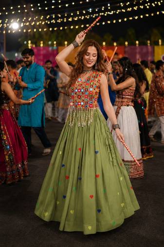 Green Cotton Navratri Readymade Lehenga Choli with Thread Embroidery Work
