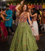 Green Cotton Navratri Readymade Lehenga Choli with Thread Embroidery Work