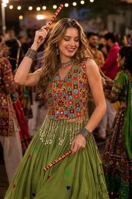 Green Cotton Navratri Readymade Lehenga Choli with Thread Embroidery Work 2