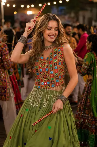 Green Cotton Navratri Readymade Lehenga Choli with Thread Embroidery Work