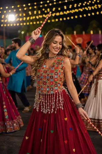 Maroon Cotton Navratri Readymade Lehenga Choli with Thread Embroidery Work