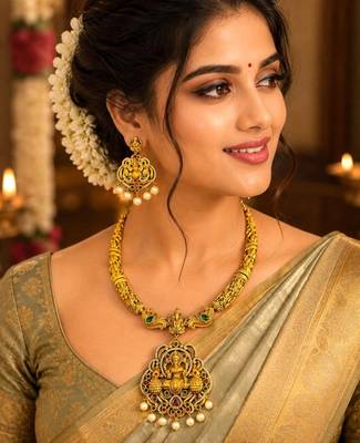 Lakshmi Temple Necklace Set, Antique Gold Indian Bridal Jewelry 1