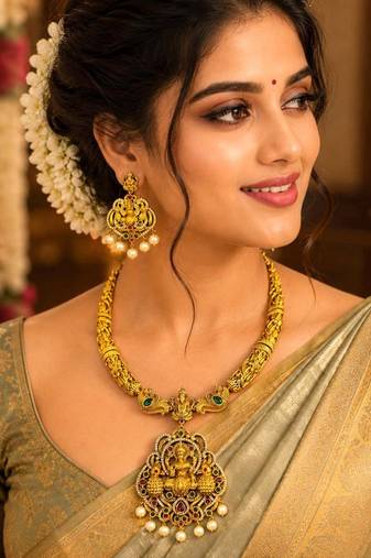 Lakshmi Temple Necklace Set, Antique Gold Indian Bridal Jewelry