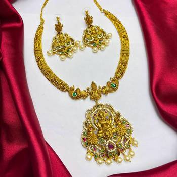 Lakshmi Temple Necklace Set, Antique Gold Indian Bridal Jewelry 2