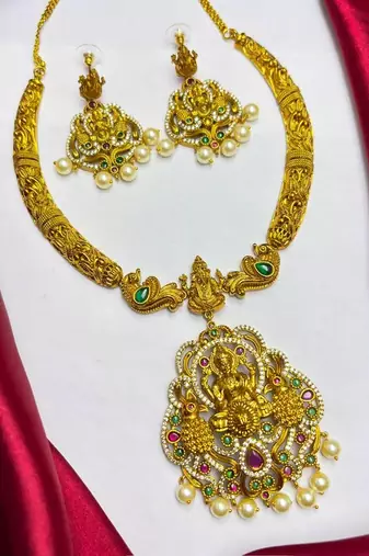Lakshmi Temple Necklace Set, Antique Gold Indian Bridal Jewelry