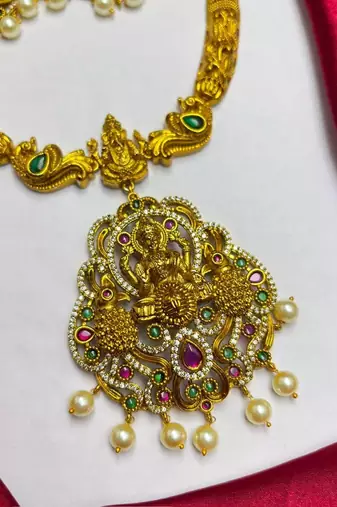 Lakshmi Temple Necklace Set, Antique Gold Indian Bridal Jewelry