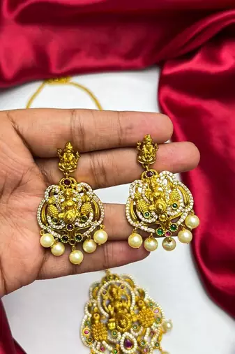 Lakshmi Temple Necklace Set, Antique Gold Indian Bridal Jewelry