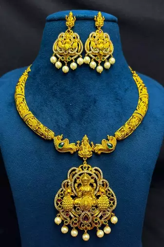 Lakshmi Temple Necklace Set, Antique Gold Indian Bridal Jewelry