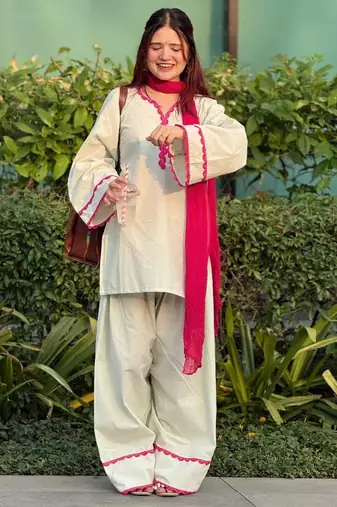  Cream & Hot Pink Pakistani Salwar Suit with Embroidered Cuffs | Premium Women   s Ethnic Wear