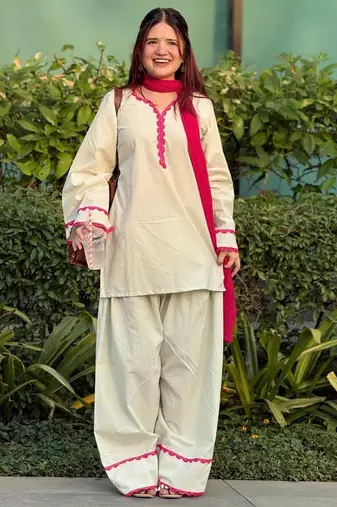  Cream & Hot Pink Pakistani Salwar Suit with Embroidered Cuffs | Premium Women   s Ethnic Wear