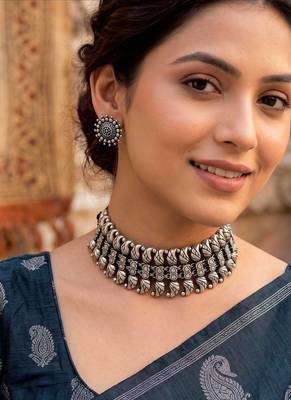 Oxidized Silver Choker Necklace Set, Tribal Statement Necklace, Indian Boho Jewelry Set 1