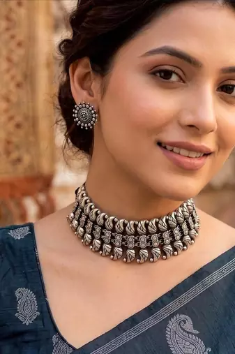 Oxidized Silver Choker Necklace Set, Tribal Statement Necklace, Indian Boho Jewelry Set