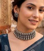 Oxidized Silver Choker Necklace Set, Tribal Statement Necklace, Indian Boho Jewelry Set