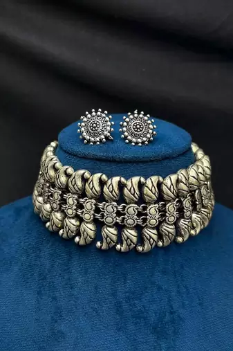 Oxidized Silver Choker Necklace Set, Tribal Statement Necklace, Indian Boho Jewelry Set