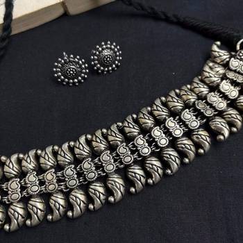 Oxidized Silver Choker Necklace Set, Tribal Statement Necklace, Indian Boho Jewelry Set 3