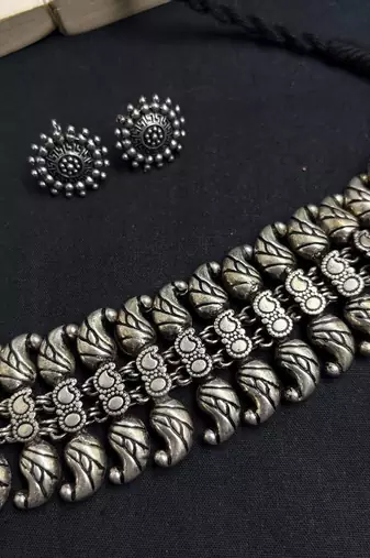 Oxidized Silver Choker Necklace Set, Tribal Statement Necklace, Indian Boho Jewelry Set