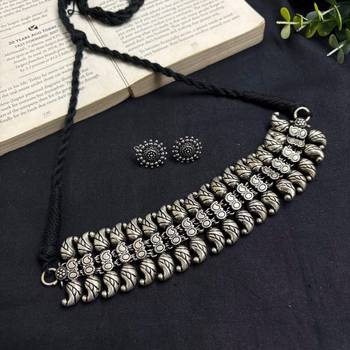Oxidized Silver Choker Necklace Set, Tribal Statement Necklace, Indian Boho Jewelry Set 4