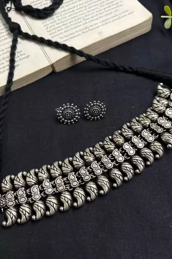 Oxidized Silver Choker Necklace Set, Tribal Statement Necklace, Indian Boho Jewelry Set