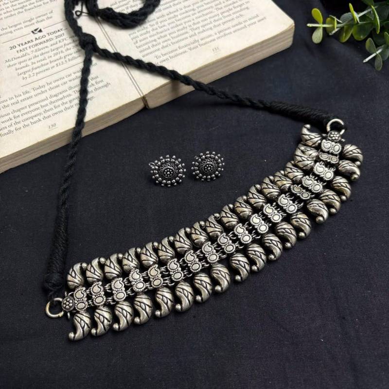 Oxidized Silver Choker Necklace Set, Tribal Statement Necklace, Indian Boho Jewelry Set