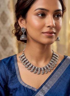 German Silver Oxidized Silver Choker Necklace Set with Jhumka Earrings 1