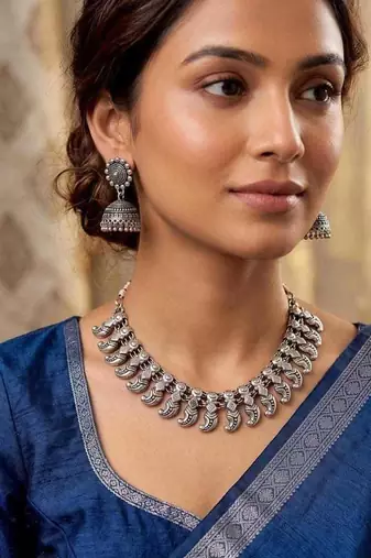 German Silver Oxidized Silver Choker Necklace Set with Jhumka Earrings
