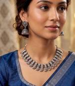 German Silver Oxidized Silver Choker Necklace Set with Jhumka Earrings