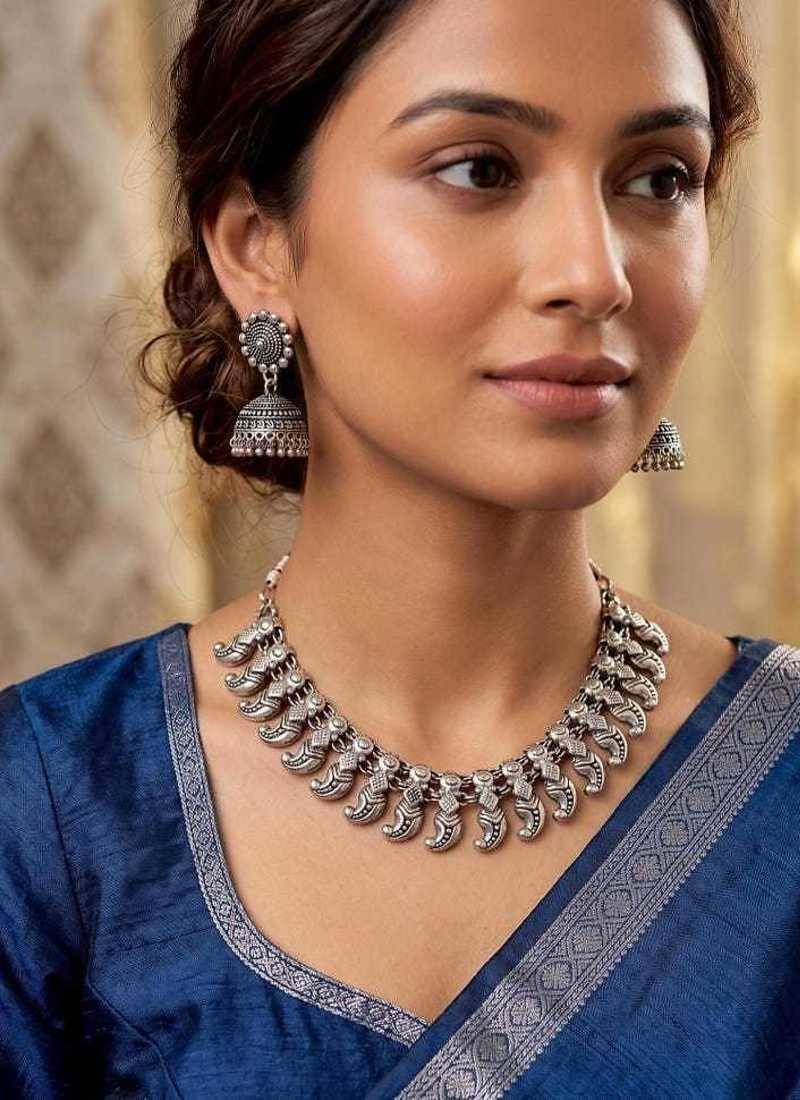 German Silver Oxidized Silver Choker Necklace Set with Jhumka Earrings