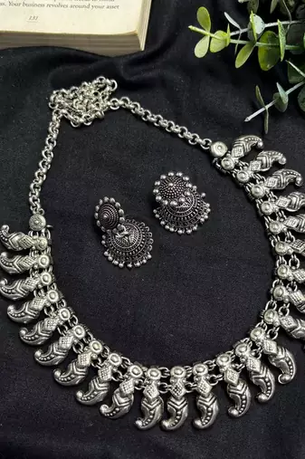 German Silver Oxidized Silver Choker Necklace Set with Jhumka Earrings