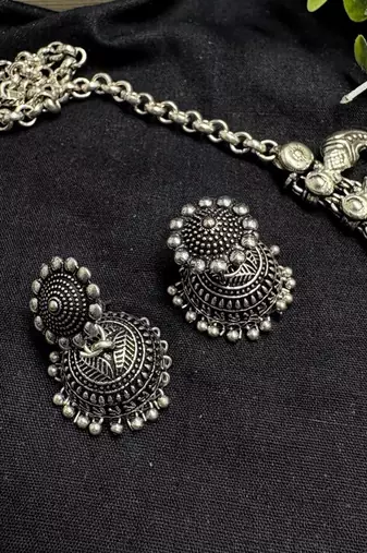 German Silver Oxidized Silver Choker Necklace Set with Jhumka Earrings