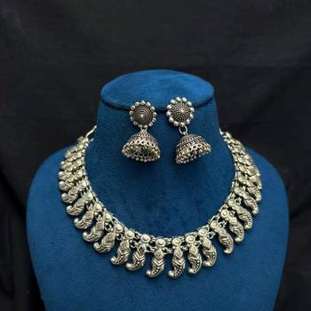 German Silver Oxidized Silver Choker Necklace Set with Jhumka Earrings 4