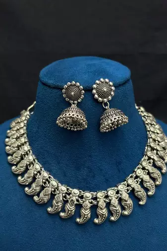 German Silver Oxidized Silver Choker Necklace Set with Jhumka Earrings