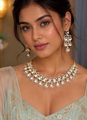 Bridal Kundan Necklace Set, Teardrop Polki Choker Set, Indian Wedding Jewelry 1