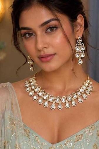 Bridal Kundan Necklace Set, Teardrop Polki Choker Set, Indian Wedding Jewelry