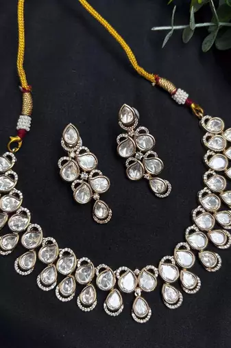 Bridal Kundan Necklace Set, Teardrop Polki Choker Set, Indian Wedding Jewelry