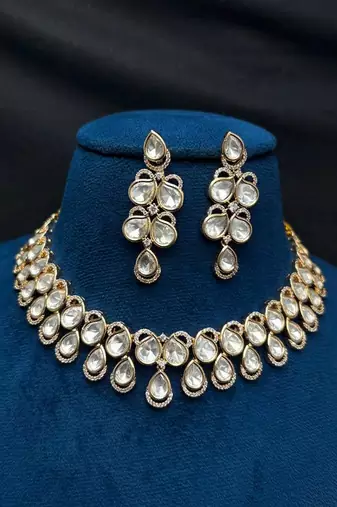Bridal Kundan Necklace Set, Teardrop Polki Choker Set, Indian Wedding Jewelry