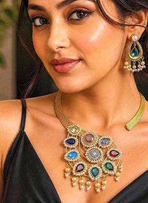 Indian Wedding jewelry set, Multicolored Stone Pearl Statement Choker Necklace Set 1