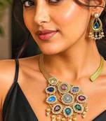 Indian Wedding jewelry set, Multicolored Stone Pearl Statement Choker Necklace Set
