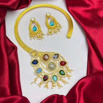 Indian Wedding jewelry set, Multicolored Stone Pearl Statement Choker Necklace Set 2