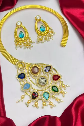 Indian Wedding jewelry set, Multicolored Stone Pearl Statement Choker Necklace Set