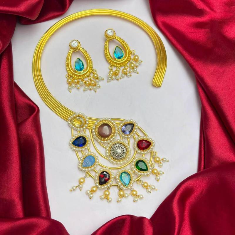 Indian Wedding jewelry set, Multicolored Stone Pearl Statement Choker Necklace Set