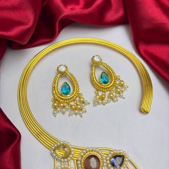 Indian Wedding jewelry set, Multicolored Stone Pearl Statement Choker Necklace Set 3