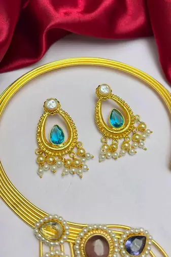 Indian Wedding jewelry set, Multicolored Stone Pearl Statement Choker Necklace Set