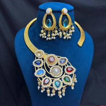 Indian Wedding jewelry set, Multicolored Stone Pearl Statement Choker Necklace Set 4