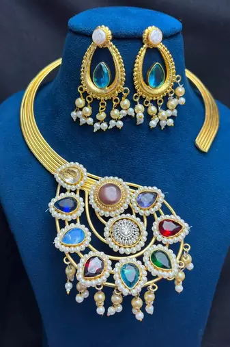 Indian Wedding jewelry set, Multicolored Stone Pearl Statement Choker Necklace Set