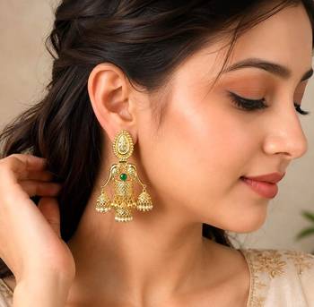 Long Gold Jhumka Earrings, Green Stone Temple Jewelry, Indian Bridal Earrings 1