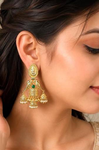 Long Gold Jhumka Earrings, Green Stone Temple Jewelry, Indian Bridal Earrings