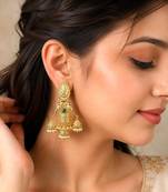 Long Gold Jhumka Earrings, Green Stone Temple Jewelry, Indian Bridal Earrings
