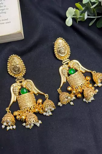 Long Gold Jhumka Earrings, Green Stone Temple Jewelry, Indian Bridal Earrings
